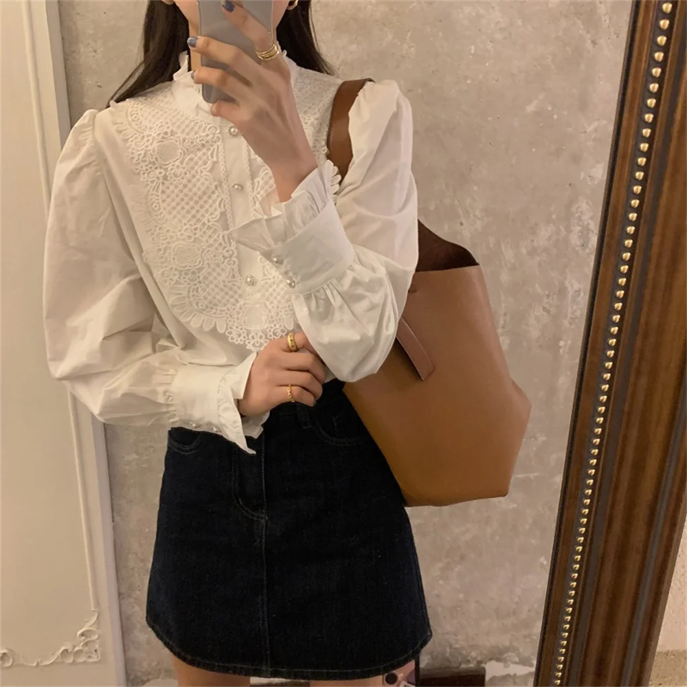

2021 Loose Fashion Vintage Womens Shirts Casual New Chic Stylish Hot Lady Blouse Long Sleeve White Ruffles Sweet Women Tops