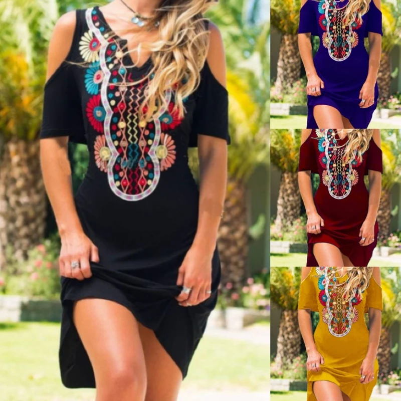 

Женское летнее платье с V-образным вырезом, коротким рукавом и открытыми плечами