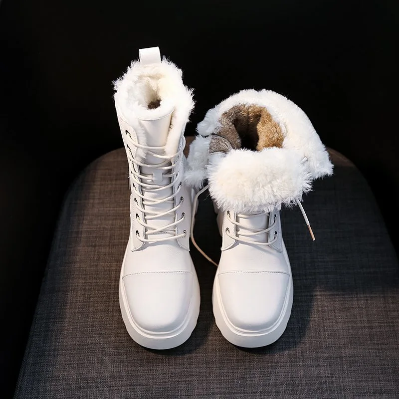 

Women Snow Boots Beige Plush Warm Fur Causal Boots Shoes Sneakers Ankle Booties Platform Thick Sole Lace Up Winter Shoes