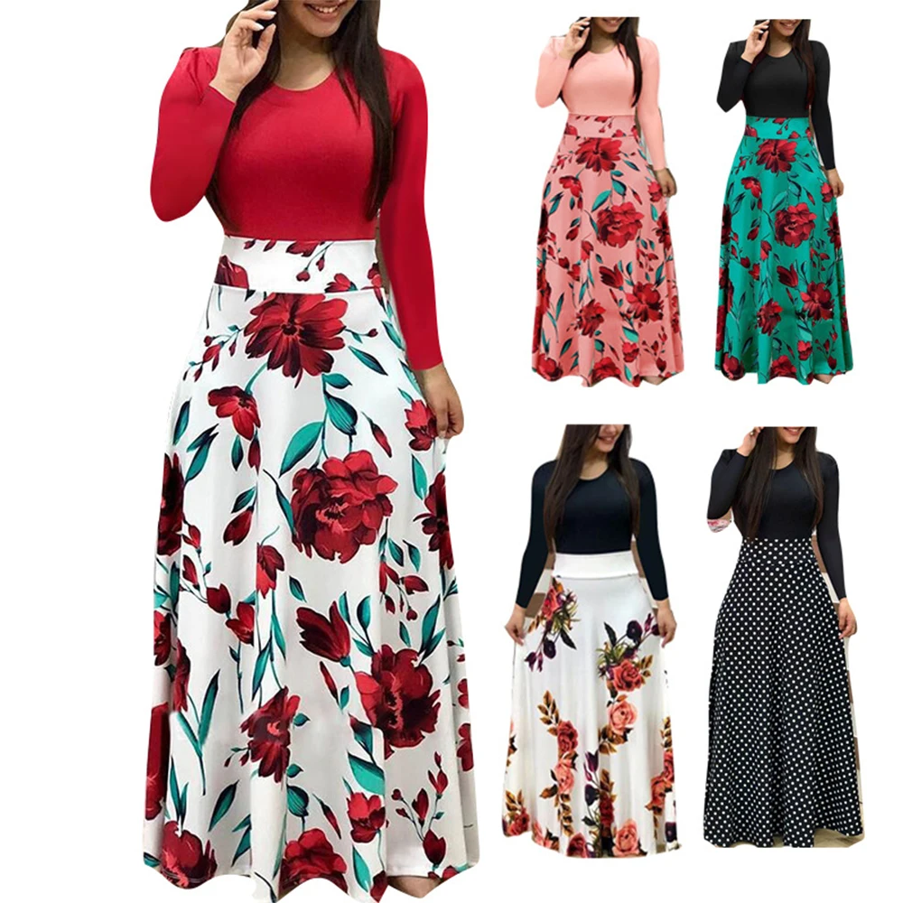 Joineles женское Макси платье с длинным рукавом и цветочным принтом круглый воротник