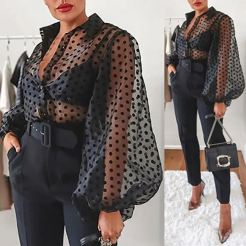 2020 New Women Mesh Sheer Blouse See-through Lantern Long Sleeve Fashion Pearl Button Transparent Dot Shirt Female Blusas | Женская