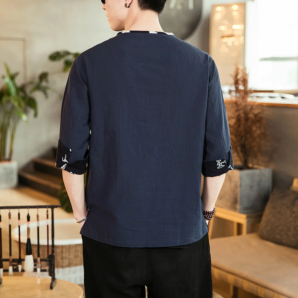 

Chinese Style Mens Shirts Casual Round neck 3/4 Sleeve Button Shirt Male Summer Cotton Ethnic Kung Fu Tang Casual Plus Size 5XL