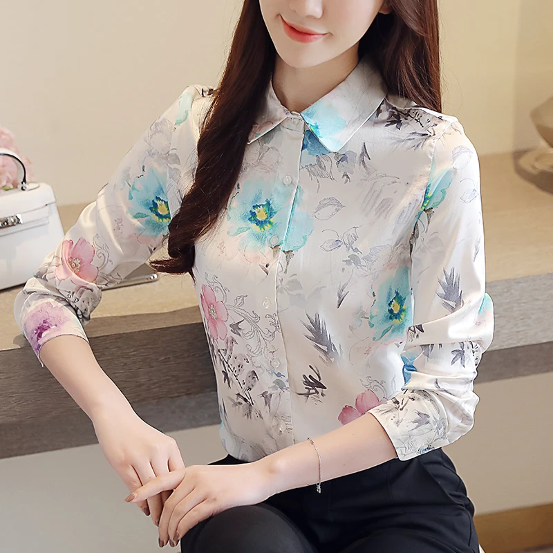 Блузка женская хлопковая с длинным рукавом топ цветочным принтом рубашка