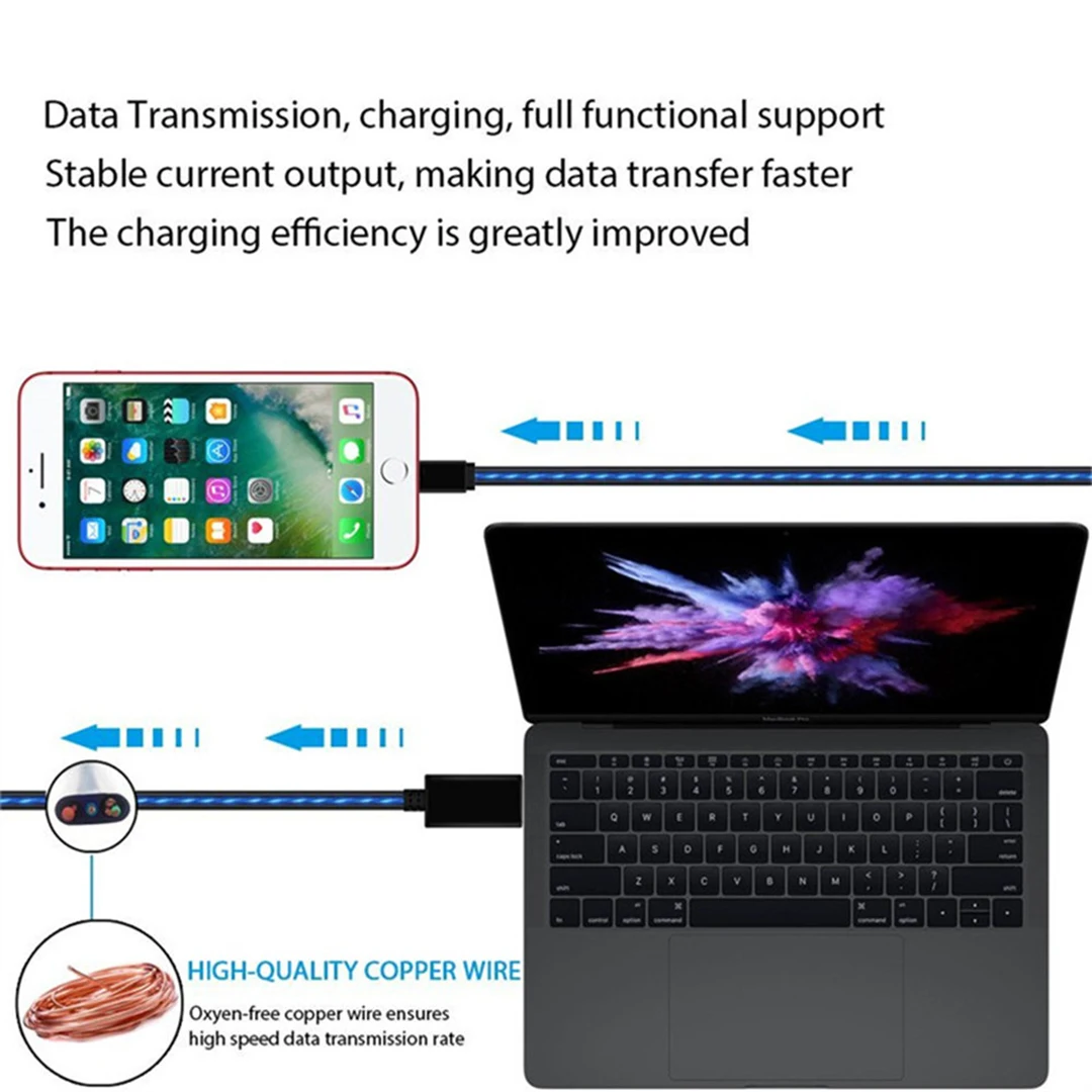1 м струящийся светящийся зарядный USB кабель для передачи данных type C Micro USB светодиодный светящийся Шнур для iPhone Xiaomi huawei Быстрая зарядка яркий Кабо