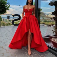 elegant strapless high low evening dress with pockets simple satin sleeveless formal evening party dresses robe de soiree