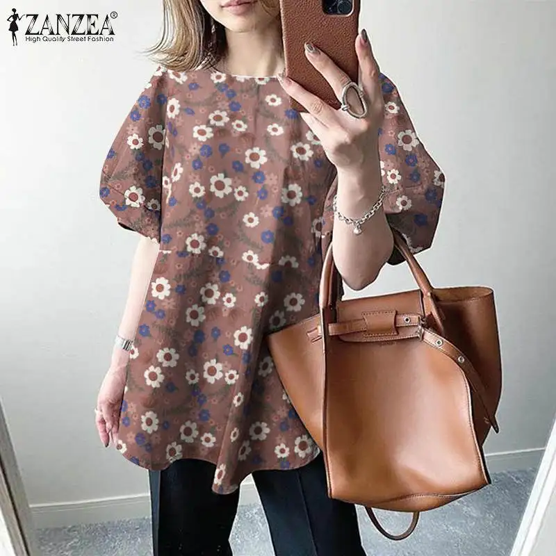 

Блузка ZANZEA женская с цветочным принтом, повседневный кафтан с рукавами-фонариками, туника в стиле оверсайз, лето 2021