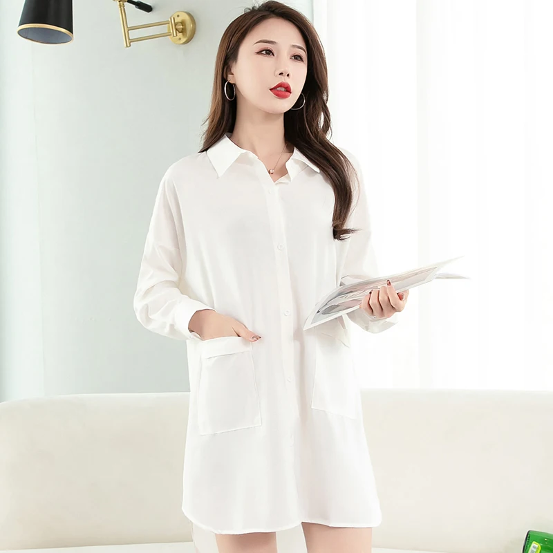 

New Lapel Nightgown Summer Korean Casual Buttons Short Sleeve Skirt Pocket Home Nighty Women Sleeping Dress Satin Nightdress