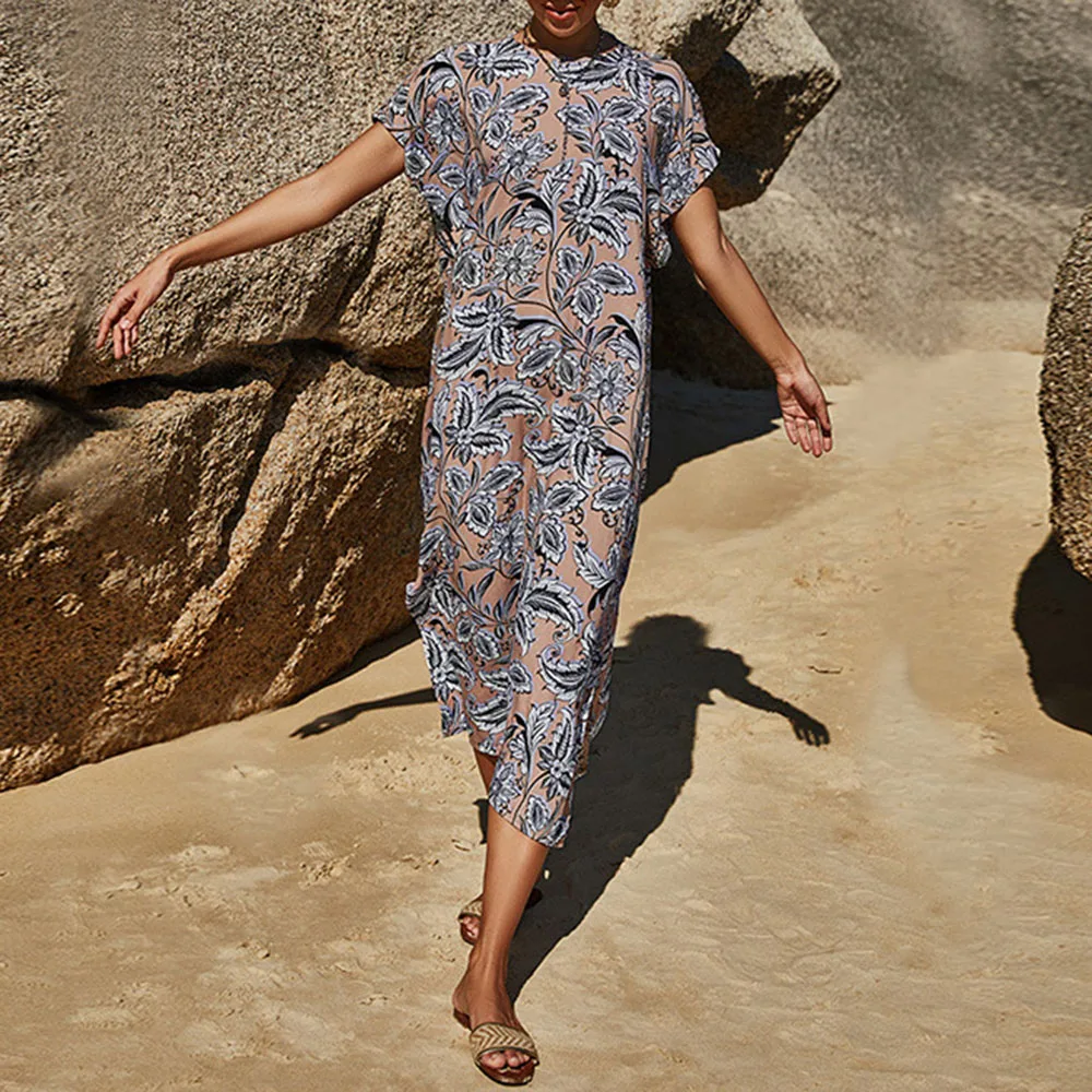 

Bohemian Fashion Western Style 2021 Summer Women's Dress Loose Casual Temperament Simple Round Neck Printing Bat Sleeve