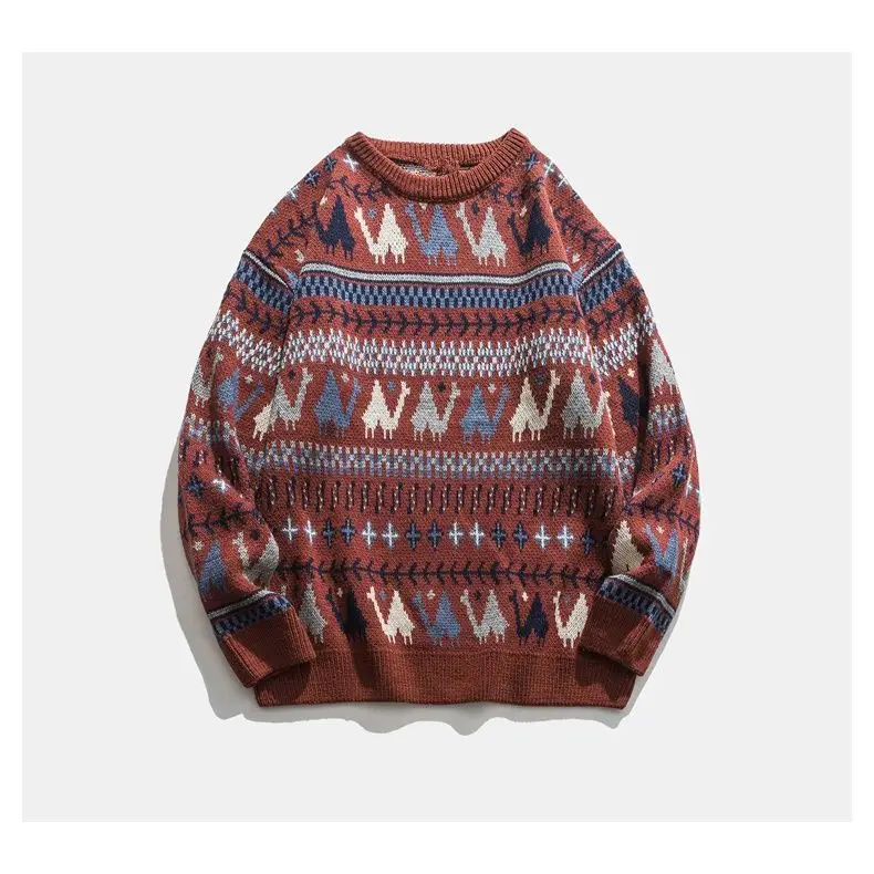 Свитер зимний толстый этнический верблюжьей расцветки пуловер с круглым вырезом