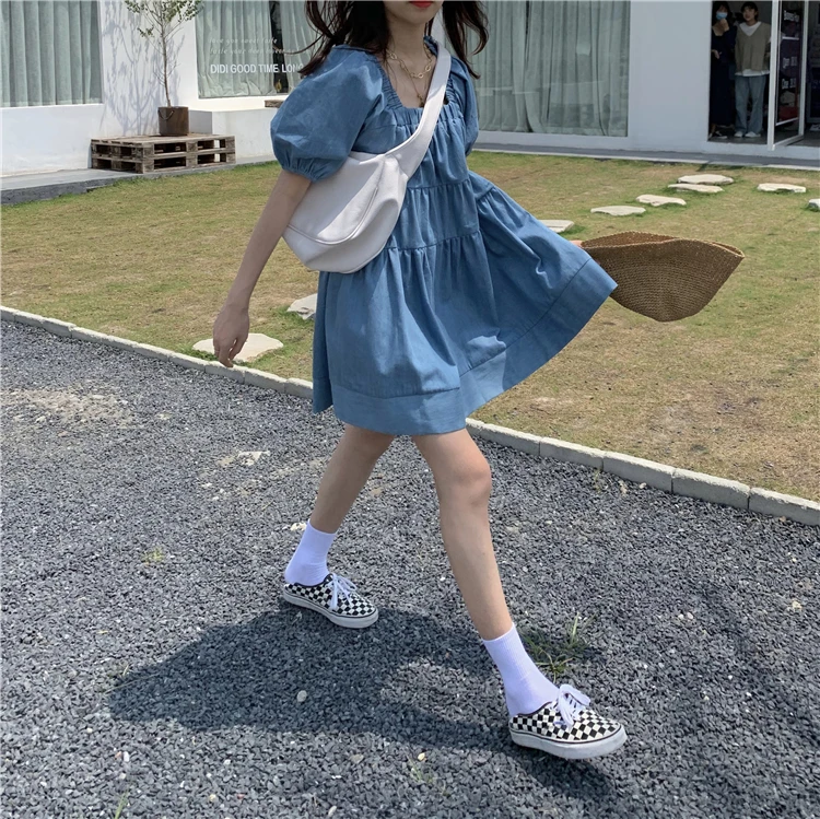 

Vintage Square Collar Loose Puff Sleeve Mini Dress Fashion Blue Summer Women A-line Dress 2021 Chic Folds High Waist Vestido