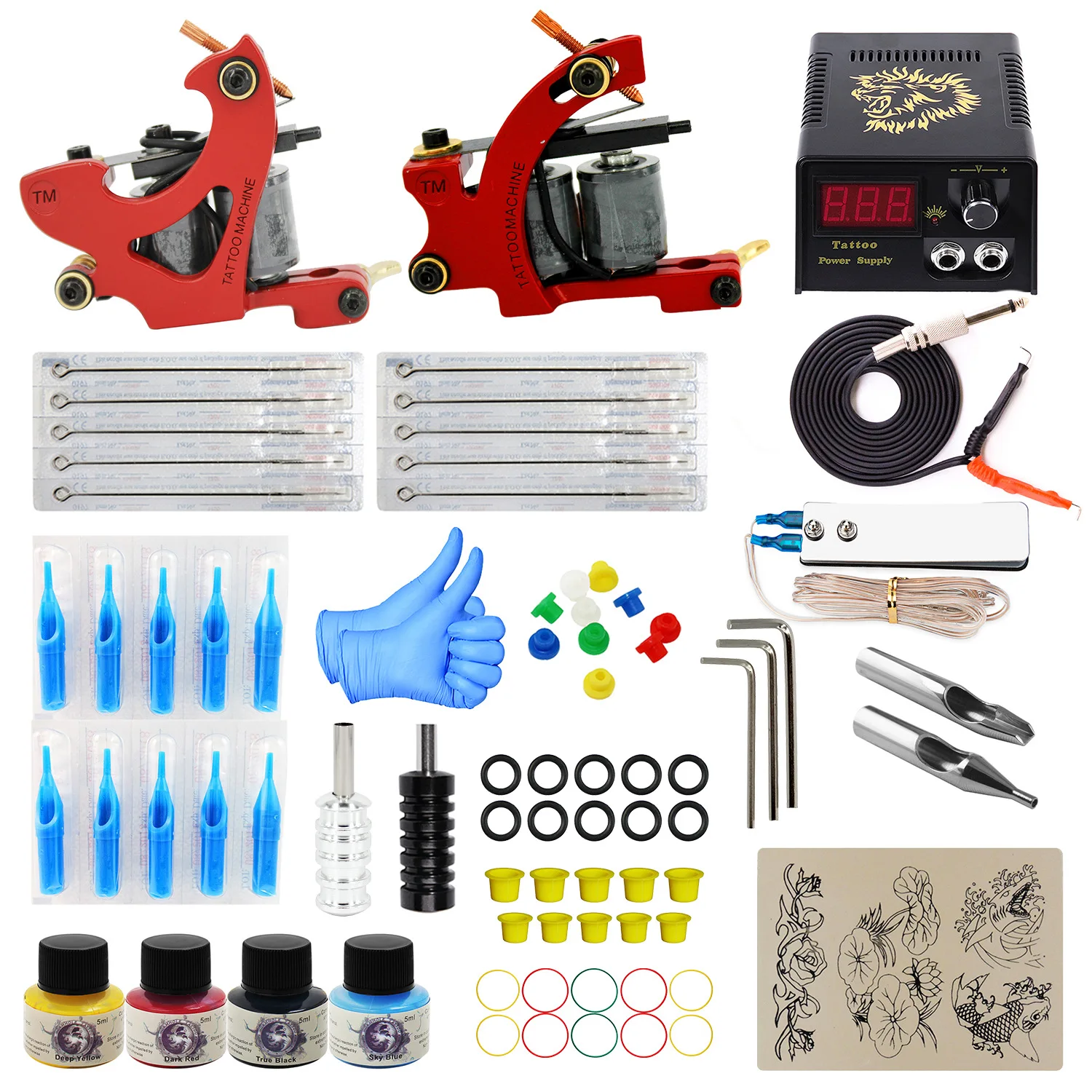

Complete Tattoo Machine Equipment 4colors Grips Needles Tips Coils Tattoo Tool Inks Power Supply Cartridge Needles