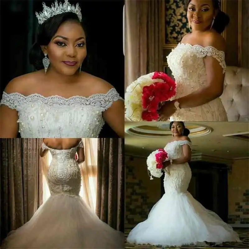 

Bateau Short Sleeves Lace Mermaid Wedding Dresses Beaded Lace Up Back Bridal Gowns Plus Size African Style Luxurious