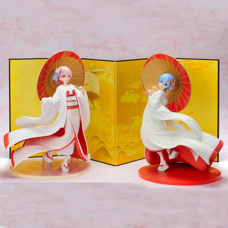 

Anime Re:Life In A Different World From Zero Action Figures Rem Ram Standing Posture Shiromuku White Kimono Umbrella PVC Models