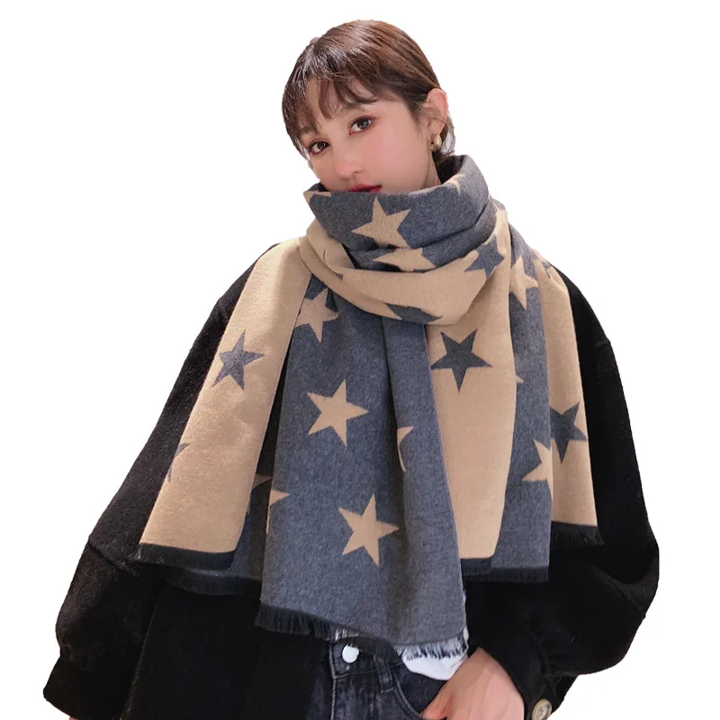 

Stars Print Gray Red Winter Female Tippet Scarf Poncho Women's Faux Cashmere Shawl Wool Blends Pashmina Stole Ladies Winter Wrap