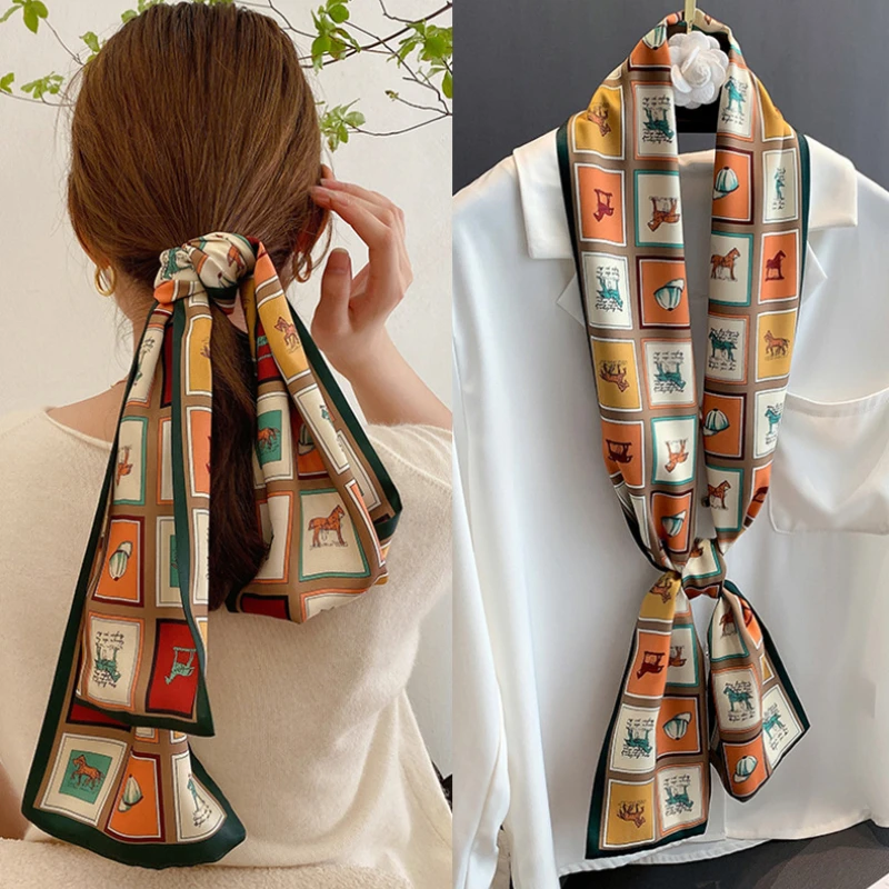 

Luxury Horse Printed Silk Scarf Women Brand Designer Thin Long Silk Scarf Girl Headband Designer Stewardess Neck Scarf Silk Belt