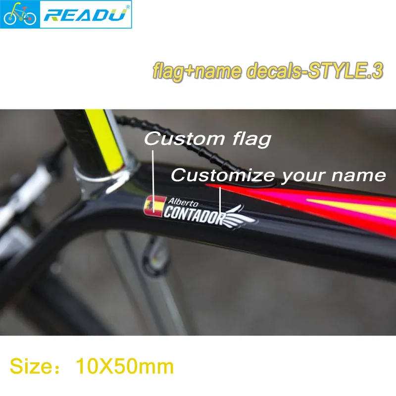 Pegatinas de nombre de bandera de bicicleta, pegatinas de nombre personalizadas para cuadro de bicicleta de montaña y carretera, estilo de identificación de jinete 3