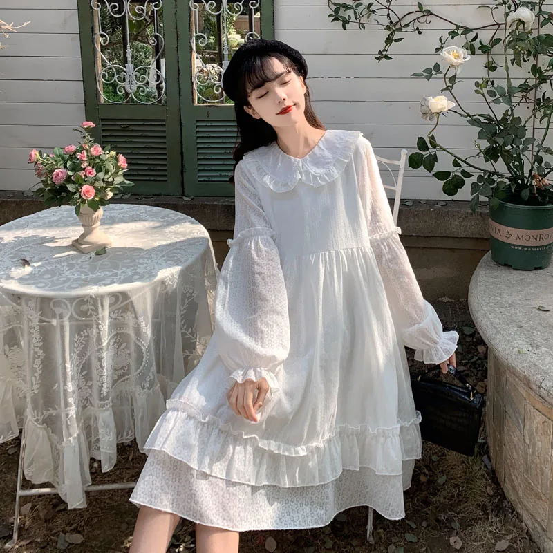 

2021 New Women Mori Girl Japanese Dress White Female Peter Pan Collar Dress Floral Hollow Out Loose Casual Party Vestidos