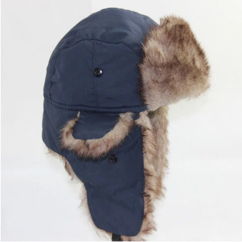 Navy Blue Brand New Unisex Trapper Bomber Warm Russian Trooper EAR FLAPS Winter Ski Hat Men Women Cap New Bomber Hats - Цвет: Navy Blue