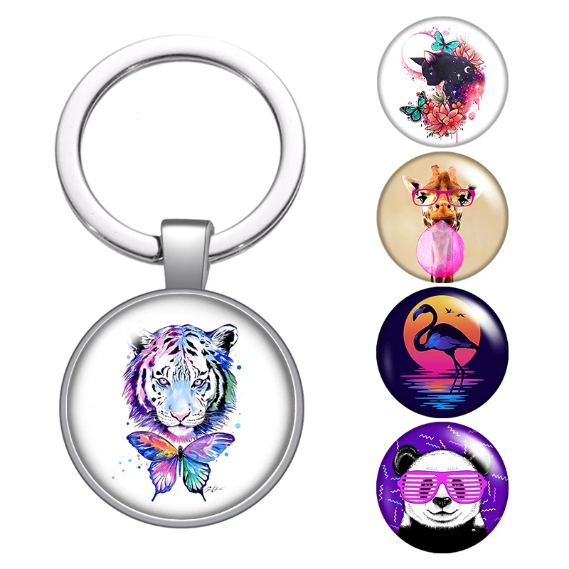 Брелок для ключей с мультяшными животными тигром фламинго стеклянным кабошоном
