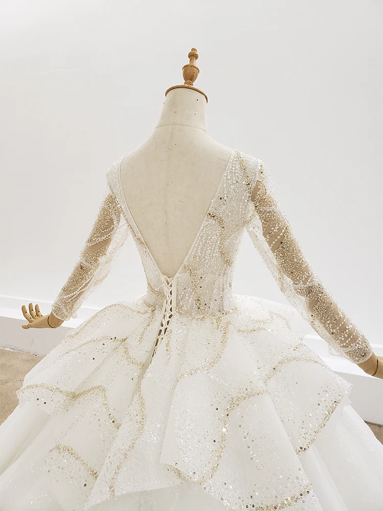 HTL1308 Gold And Silver Sequin Wedding Dress Long Sleeve Bead Princess Backless Peplum Glitter Vestido De Noiva | Свадьбы и