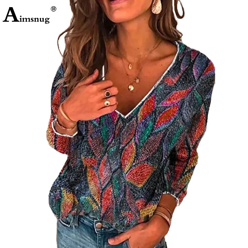 

Plus size 4xl 5xl Women 2021 New Spring Boho Print Tops Long Sleeve Sexy V-neck Female T-Shirt Casual Loose Ladies Tees Shirt
