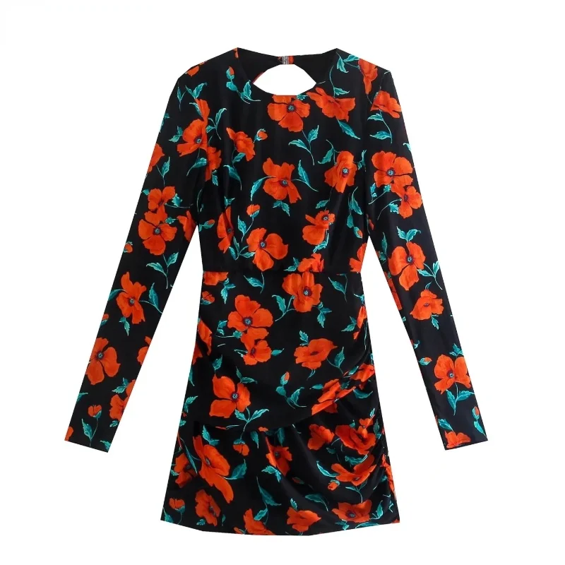 

Za Dress 2021 New Women Sexy Backless Floral Print Slim Mini Dress Female Chic Long Sleeve Hem Pleats Casual Party Vestidos