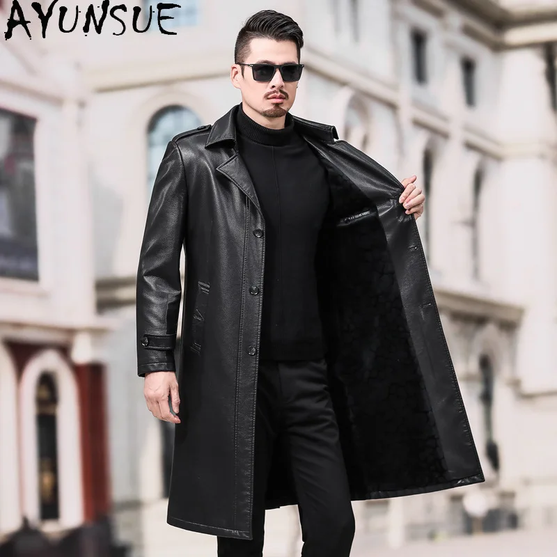 AYUNSUE кожаная куртка для мужчин одежда осень зима Длинная ветровка Mens Jackets and Coats