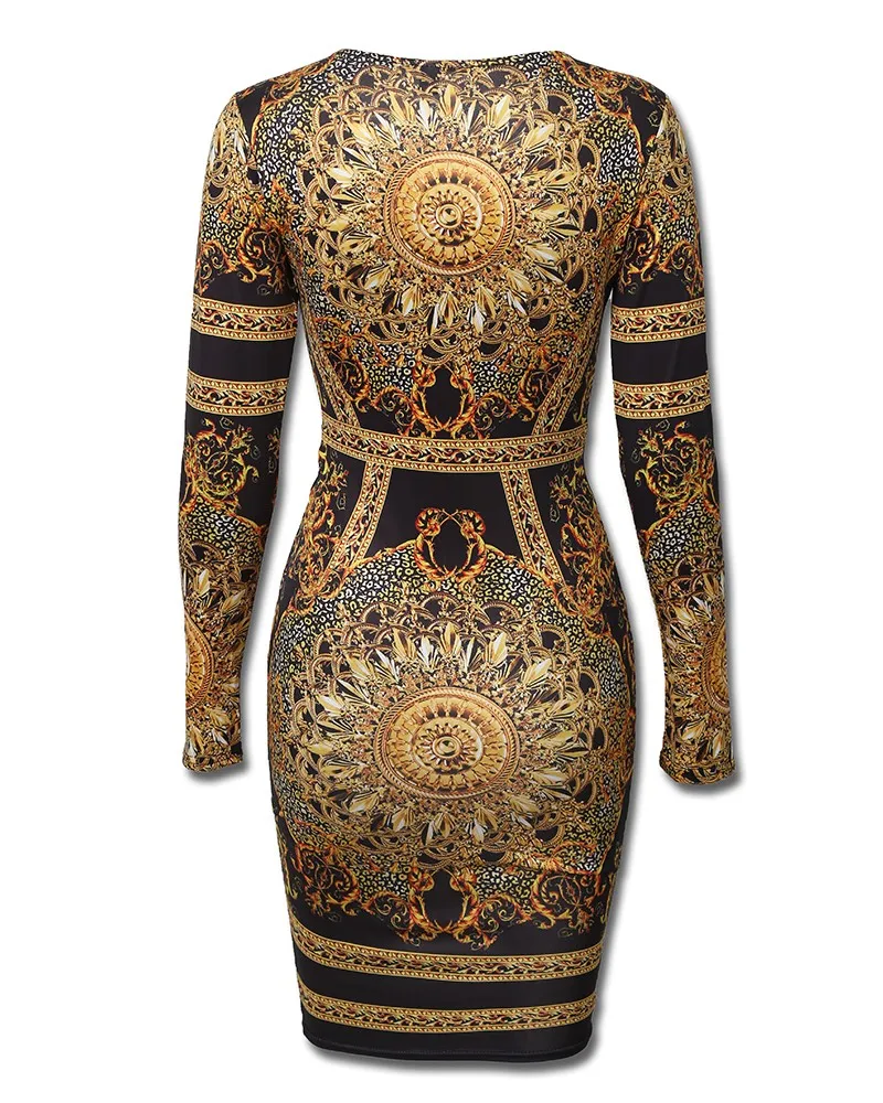 

Retro Print Twist Front Long Sleeve Dress