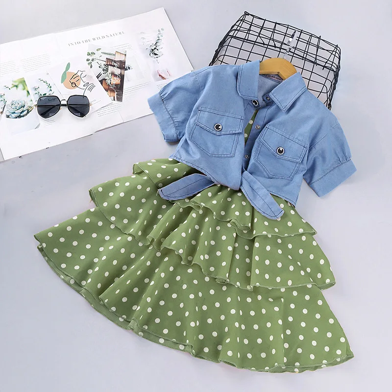 

2 Piece Slip Polka Dot Denim Korean Casual Midi Vintage Summer Girls Dress Vestidos Longue De Verano Robe Fille Kids Children