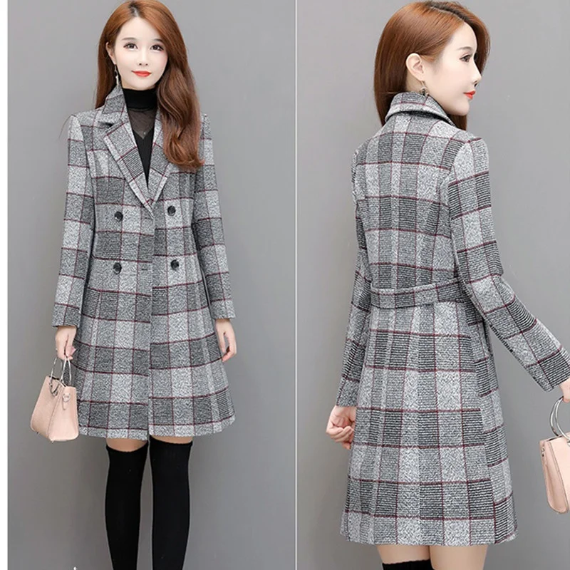 

Женское шерстяное пальто в клетку, офисное двубортное элегантное пальто с лацканами, повседневное пальто, Осень-зима