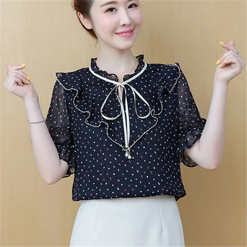 Женские блузки и топы шифоновые женские рубашки с коротким рукавом круглым