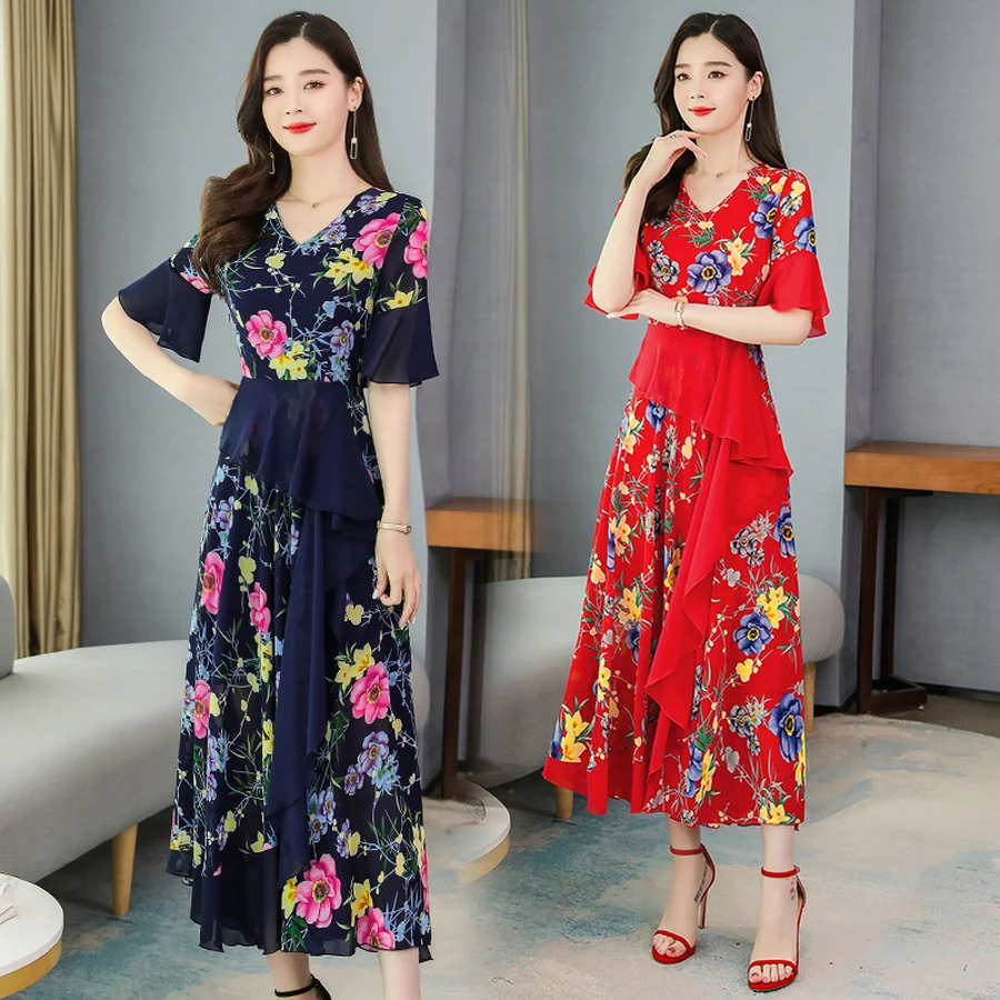 Красное шифоновое пляжное макси платье с принтом в стиле бохо весна лето 2020