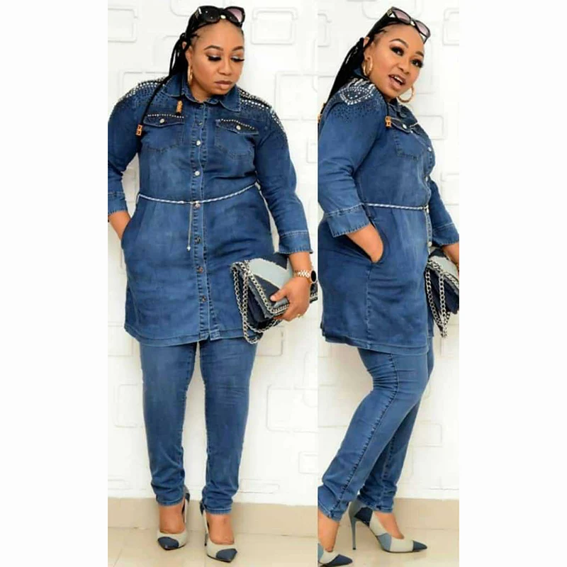 Комплект брюк для женщин в африканском стиле осень 2020 потертая бисером джинсовая