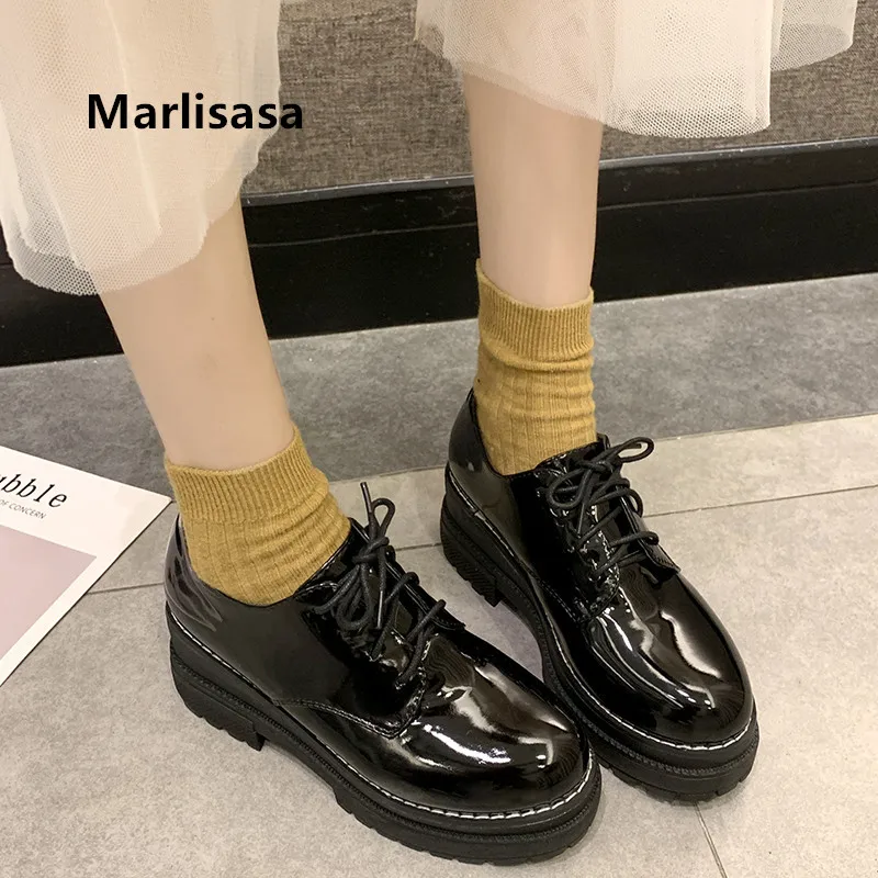

Mocasines Mujer Women Fashion Waterproof Height Increased Flat Platform Shoes Teenager Student School Black Lace Up Shoes H9099
