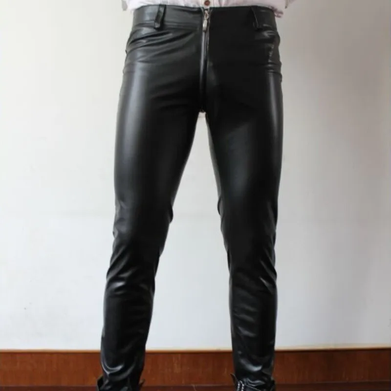 Men Leather Pants Leggings Zipper Elastic Nightclubs Bars Black Elasticity Mens Trousers Performances High Quality New 29-39