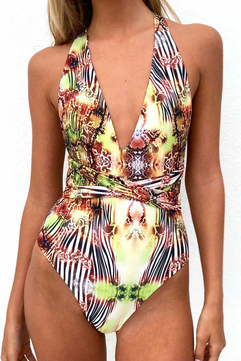 Леопардовый слитный купальник Женский бандажный с пуш ап женский бикини 2019