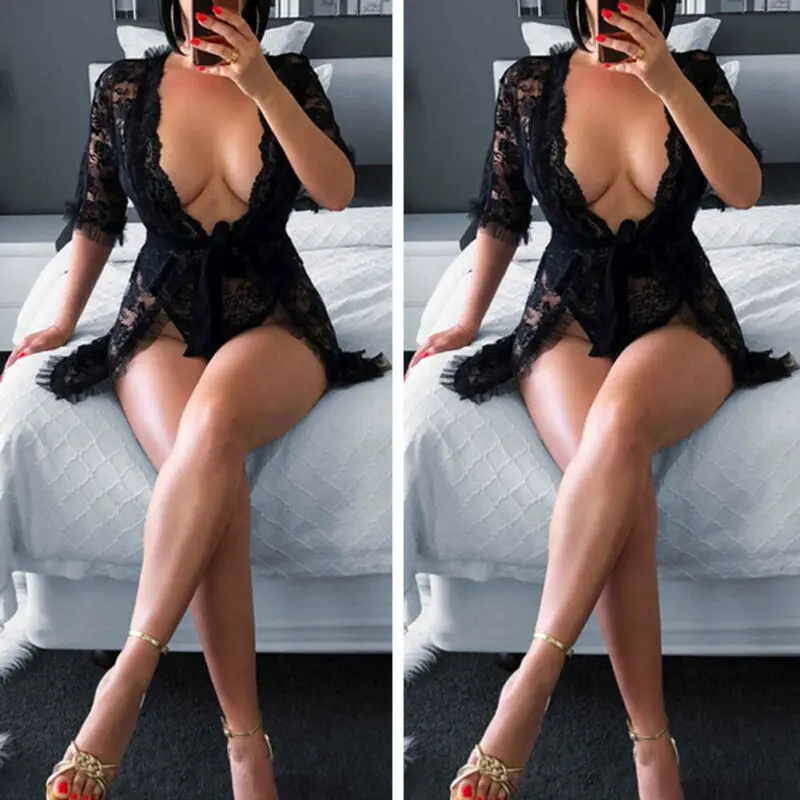 Black V-Neck Sexy Mini Dress US Lace Sleepwear Women's G-string Underwear Babydoll Nightwear Chemises | Тематическая одежда и