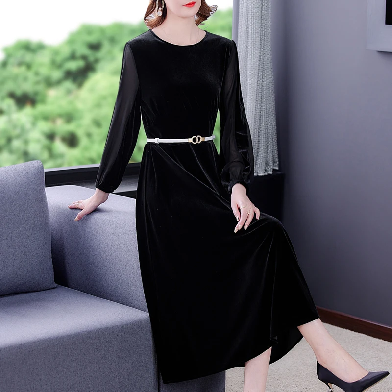 

2021Women Black Long Sleeve Sexy Midi Dress Elegant Bodycon Party Vestidos Spring Autumn Vintage Golden Velvet Office Lady Dress