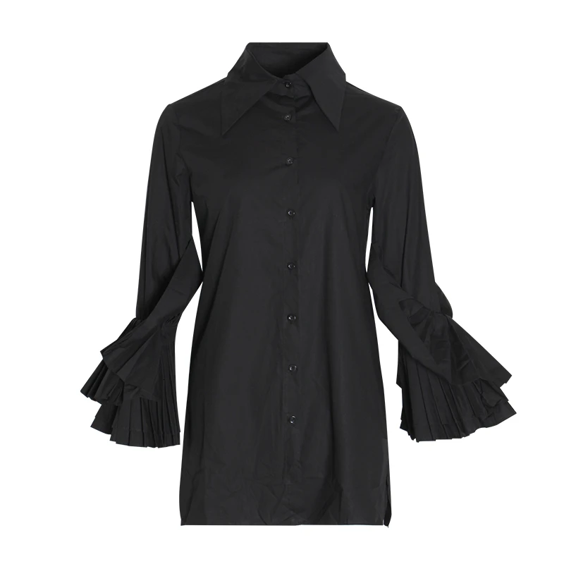 Женская рубашка CHICEVER черная Свободная с рукавом фонариком и плиссированными