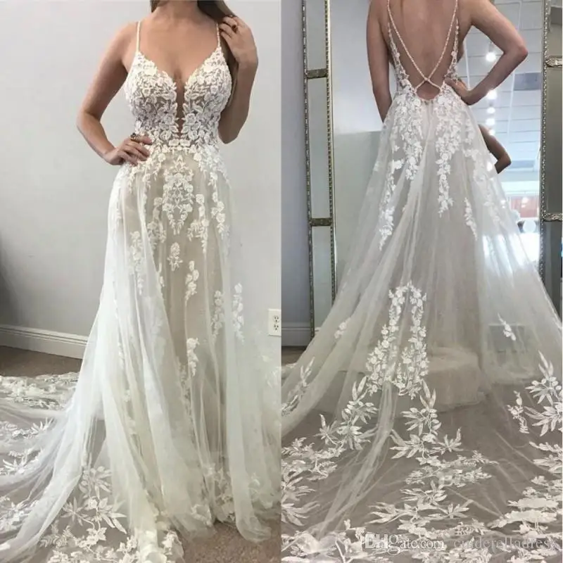 

2020 Sexy Beach A Line Wedding Dresses Illusion Tulle Backless 3D Lace Appliqued Bridal Gowns Plunging V Neck Boho Wedding Dress