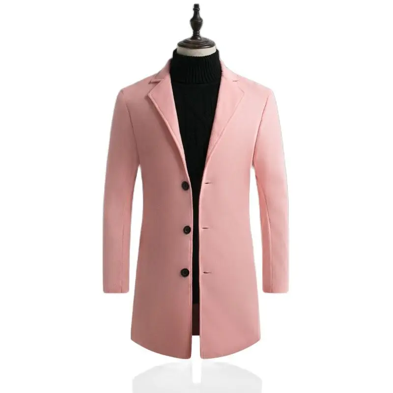 Длинное мужское пальто шерстяное с лацканами на пуговицах однотонная отделка