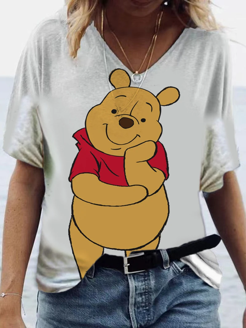 

Футболка женская с V-образным вырезом, смешная Милая Повседневная рубашка с мультипликационным рисунком Винни-Пуха из мультфильма Диснея, м...