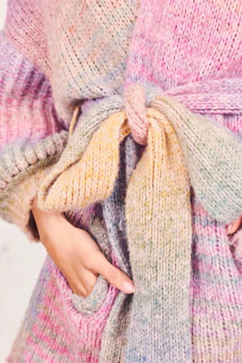 

V-neck Rainball Colors Lantern Sleeves Knitting Colored Slim Loost Female Cardigan K698