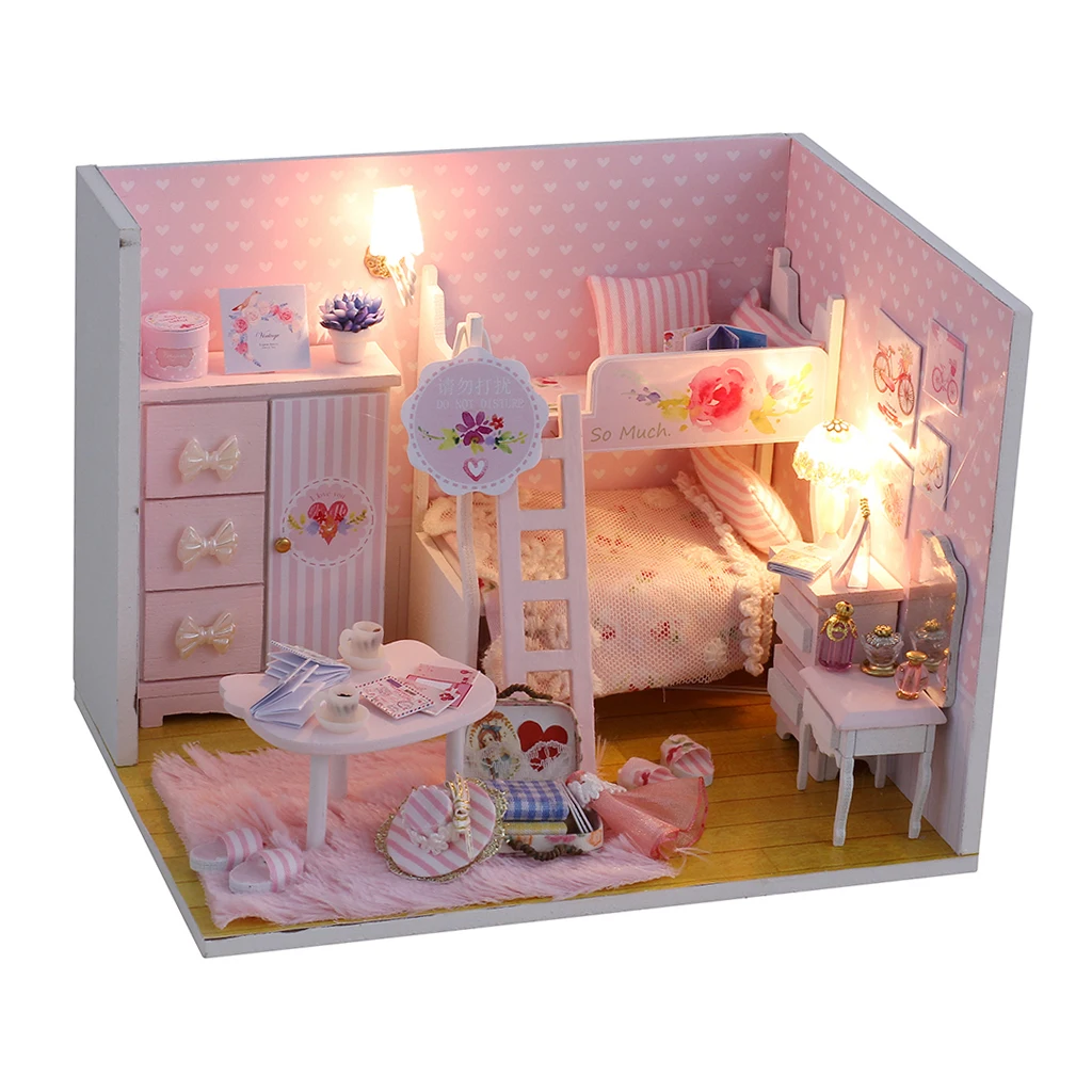 

Crafts 1:64 Wooden Dollhouse DIY Romantic Bedroom Puzzle Kits for Kids