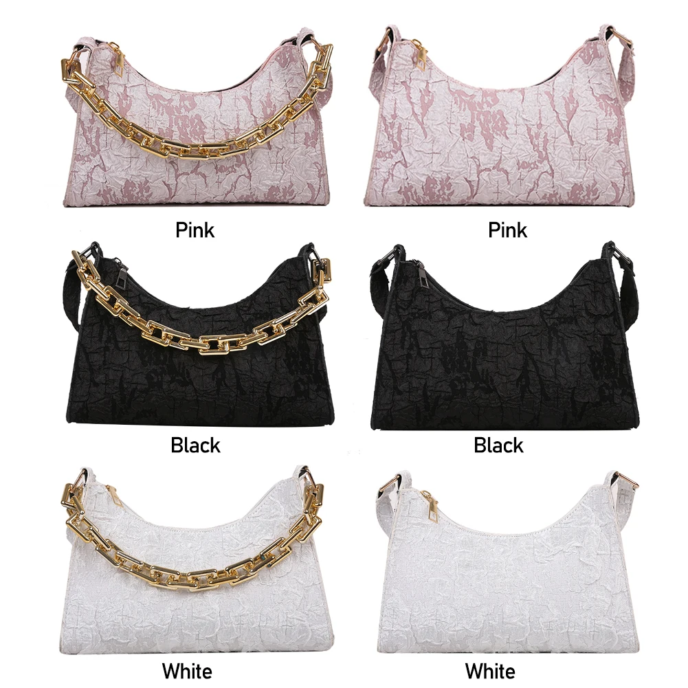 

2021 Fashion Retro Women Pleated Flowers Thick Chain PU Leather Small Shoulder Underarm Bags Solid Color Pleated Tote Bag