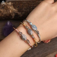 silvery rose gold copper natural flash labradorite stone chip beads open cuff bangle bracelet for women fashion bangle jewelry