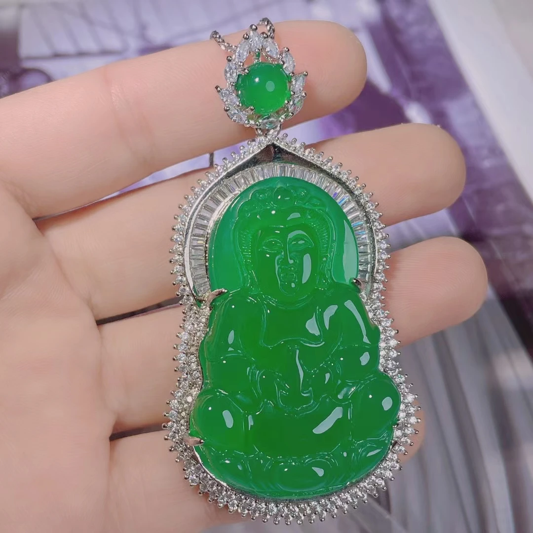 

S925 Yellow Gold Natural Green Jade Buddha Amulet Pendants Women Mens Jewelry Gift