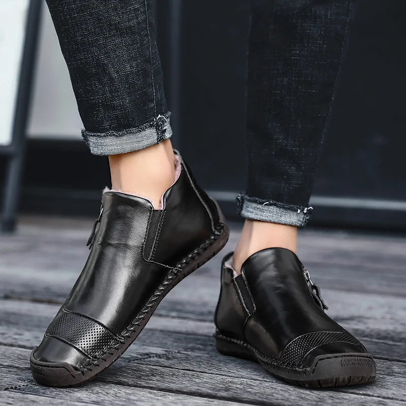 

men's snow boots 2020 winter Split leather ankle boots handmade brand warm men's winter men boots