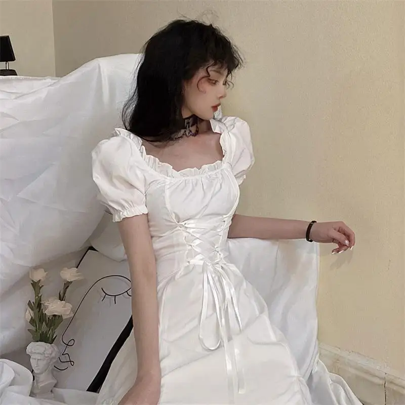 

Summer New Ghost Horse Dresses Vintage Square Collar Bandage Bow Puff Sleeve Sweety Ruffle Preppy Style Dresses
