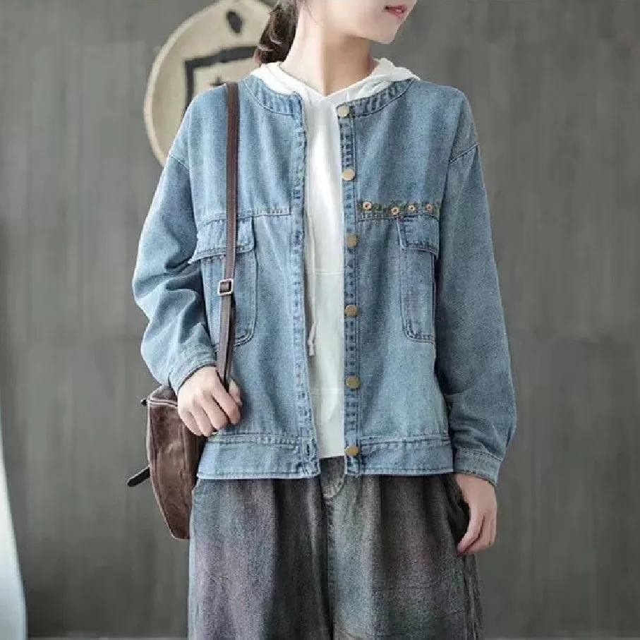 

Do old washed denim coat loose big yards leisure joker round collar a female TOP